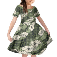 Tongan Kupesi Ngatu Hibiscus Vintage Motif Kid Short Sleeve Dress LT9 KID Green - Polynesian Pride