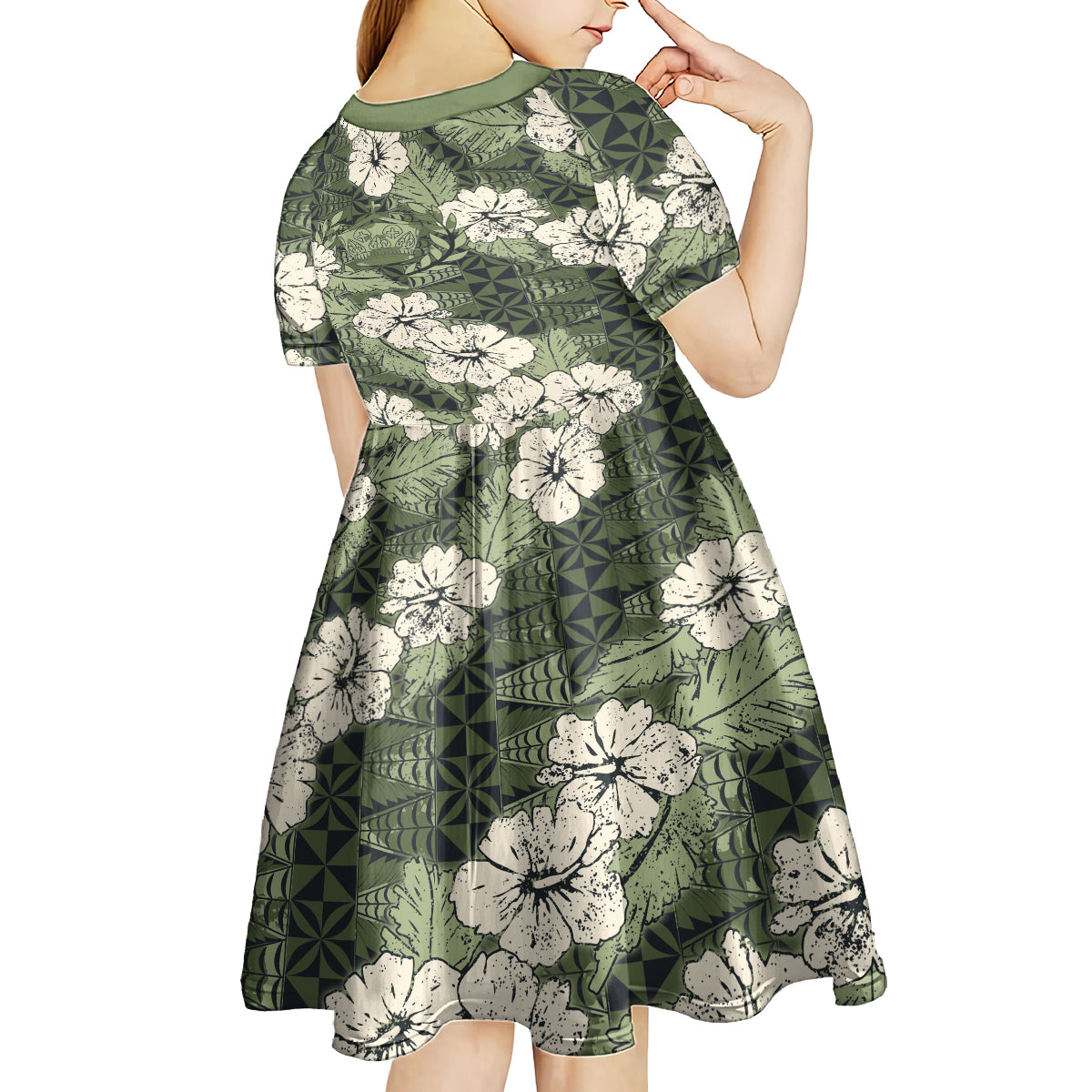 Tongan Kupesi Ngatu Hibiscus Vintage Motif Kid Short Sleeve Dress LT9 - Polynesian Pride