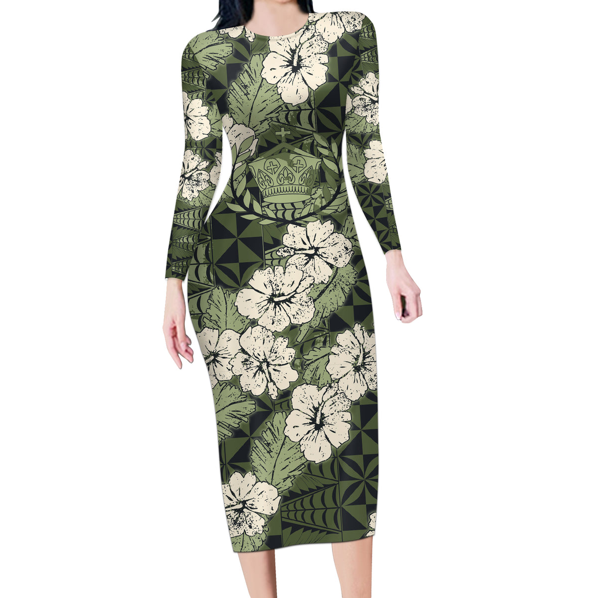 Tongan Kupesi Ngatu Hibiscus Vintage Motif Long Sleeve Bodycon Dress LT9 Long Dress Green - Polynesian Pride