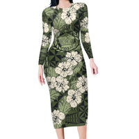 Tongan Kupesi Ngatu Hibiscus Vintage Motif Long Sleeve Bodycon Dress LT9 Long Dress Green - Polynesian Pride