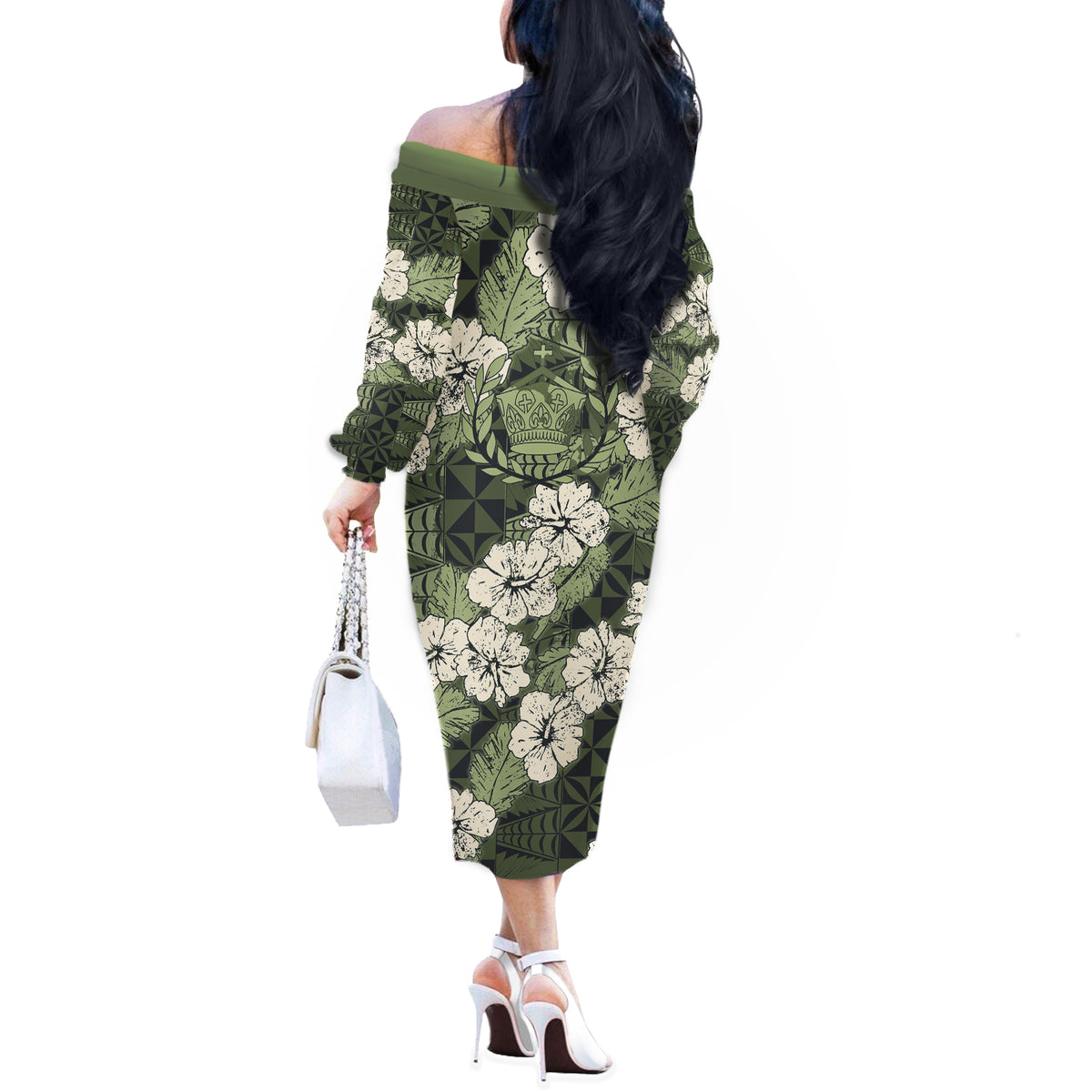 Tongan Kupesi Ngatu Hibiscus Vintage Motif Off The Shoulder Long Sleeve Dress LT9 - Polynesian Pride