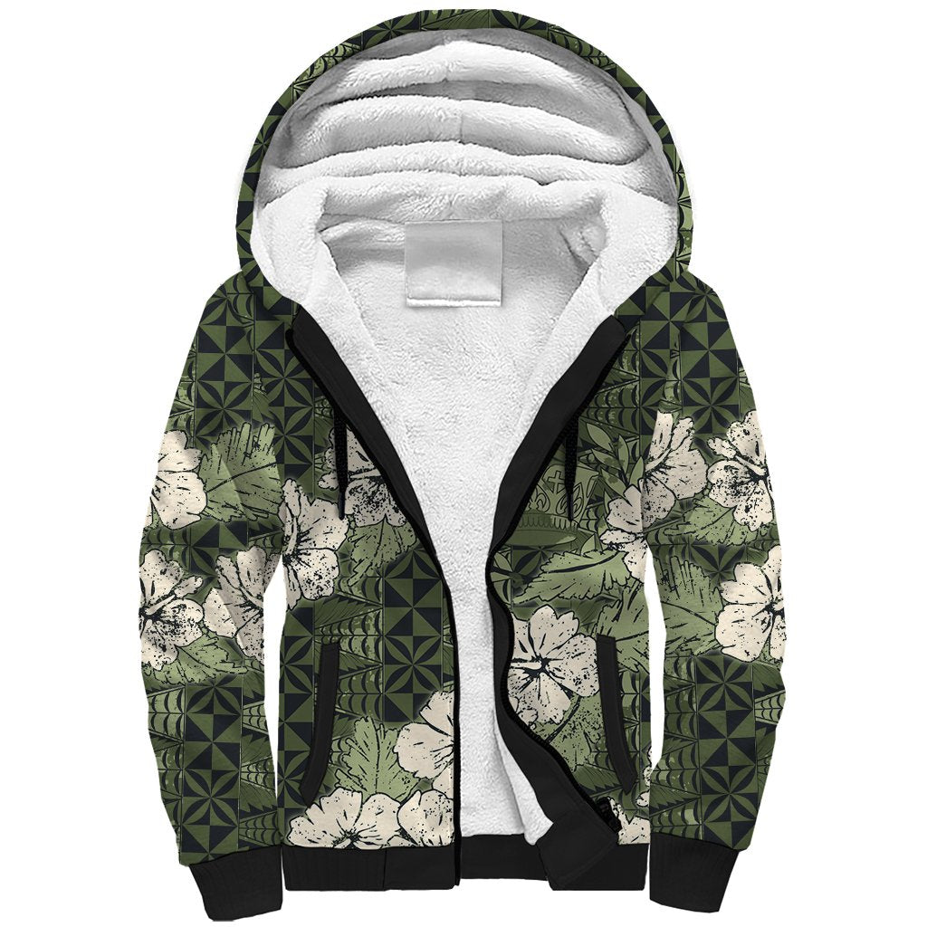 Tongan Kupesi Ngatu Hibiscus Vintage Motif Sherpa Hoodie LT9 Unisex Green - Polynesian Pride