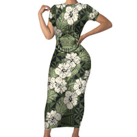 Tongan Kupesi Ngatu Hibiscus Vintage Motif Short Sleeve Bodycon Dress LT9 Long Dress Green - Polynesian Pride