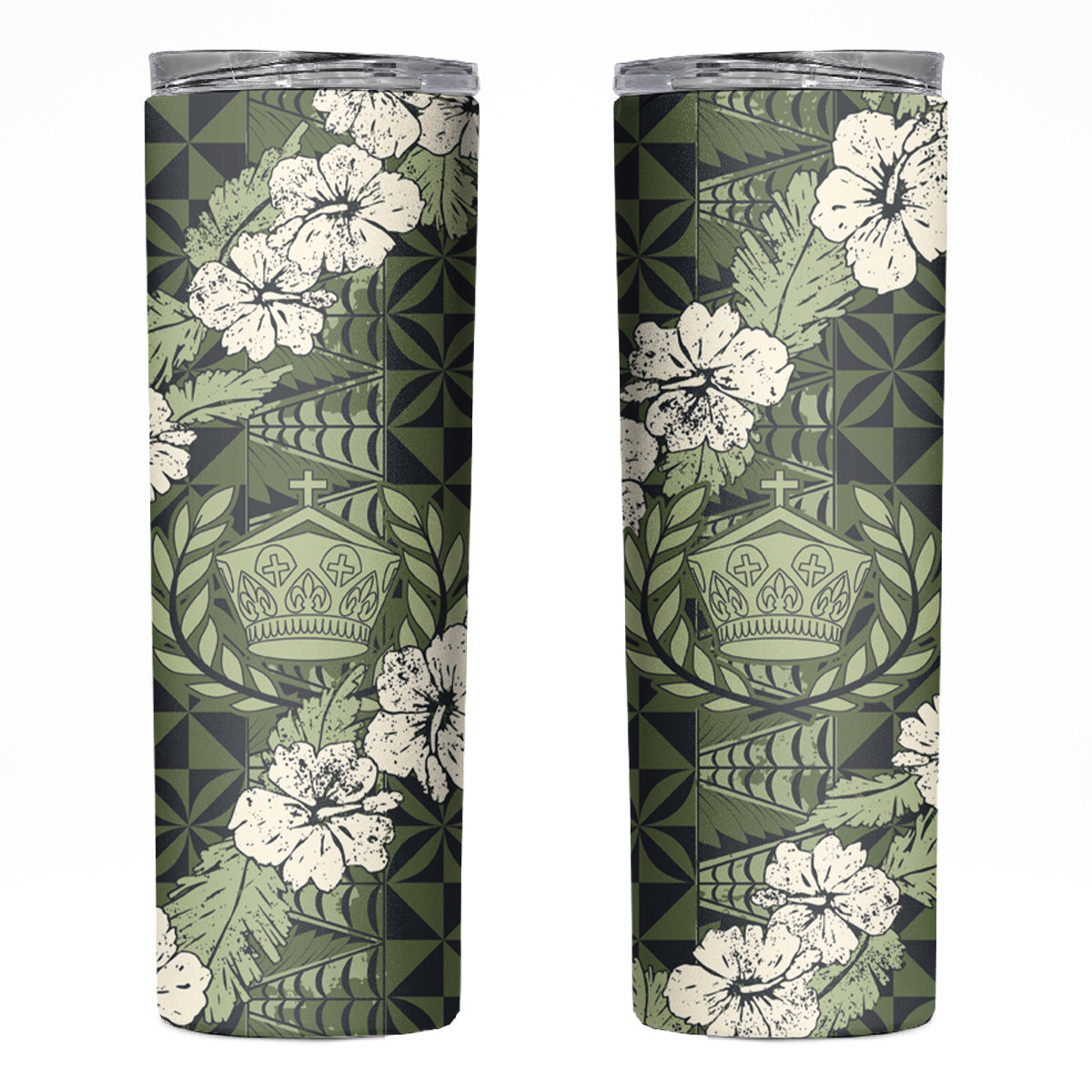 Tongan Kupesi Ngatu Hibiscus Vintage Motif Skinny Tumbler LT9 Green - Polynesian Pride