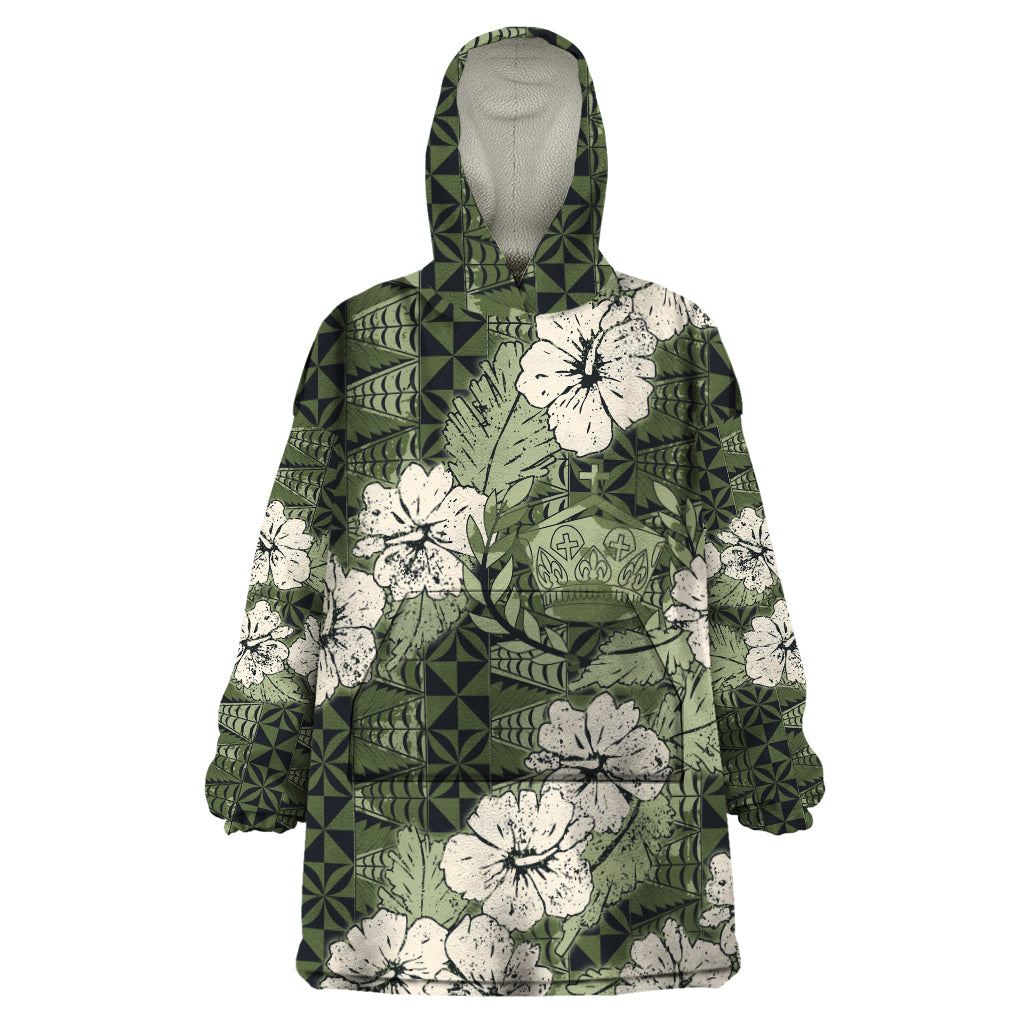 Tongan Kupesi Ngatu Hibiscus Vintage Motif Wearable Blanket Hoodie LT9 One Size Green - Polynesian Pride
