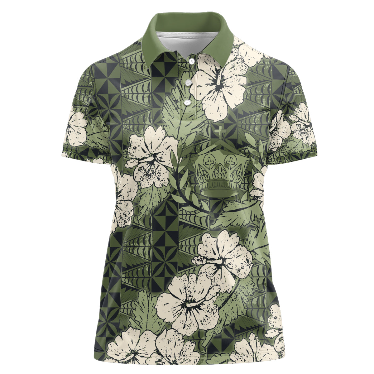 Tongan Kupesi Ngatu Hibiscus Vintage Motif Women Polo Shirt LT9 Female Green - Polynesian Pride