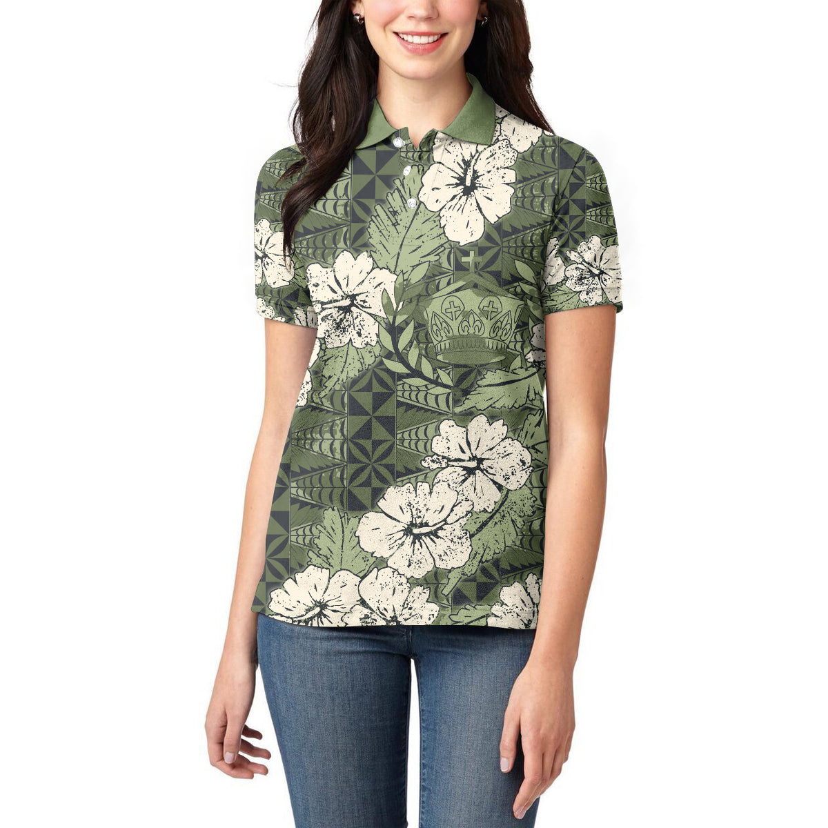 Tongan Kupesi Ngatu Hibiscus Vintage Motif Women Polo Shirt LT9 - Polynesian Pride