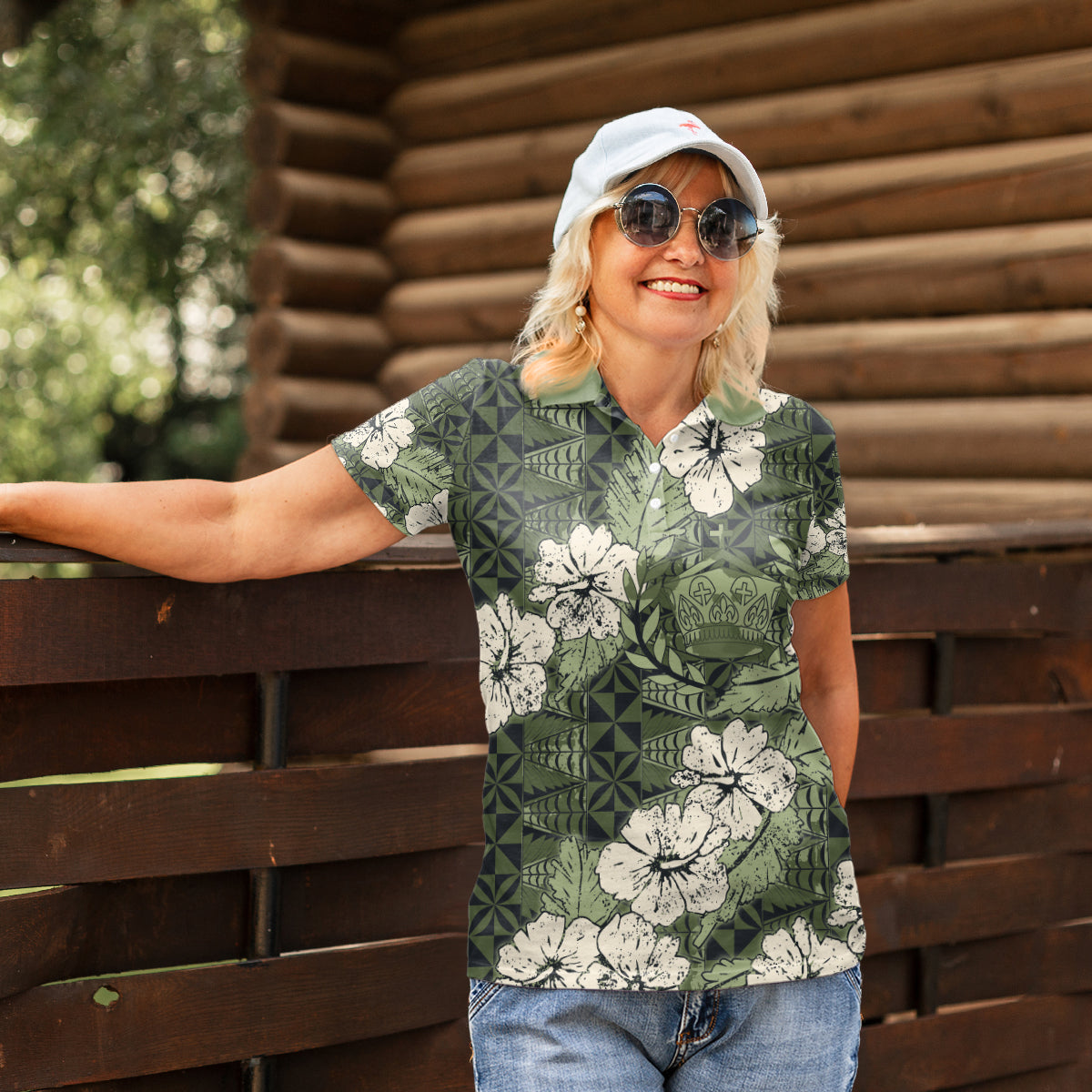 Tongan Kupesi Ngatu Hibiscus Vintage Motif Women Polo Shirt LT9 - Polynesian Pride