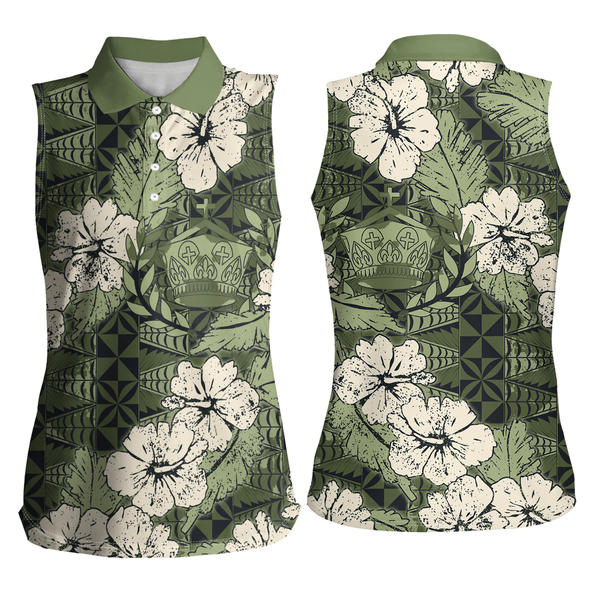 Tongan Kupesi Ngatu Hibiscus Vintage Motif Women Sleeveless Polo Shirt LT9 - Polynesian Pride