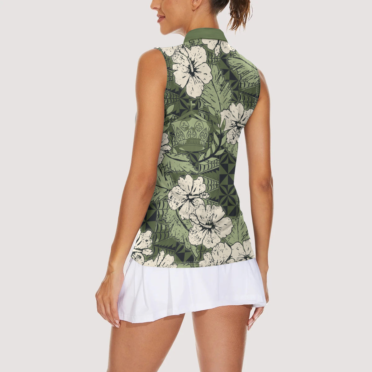 Tongan Kupesi Ngatu Hibiscus Vintage Motif Women Sleeveless Polo Shirt LT9 - Polynesian Pride