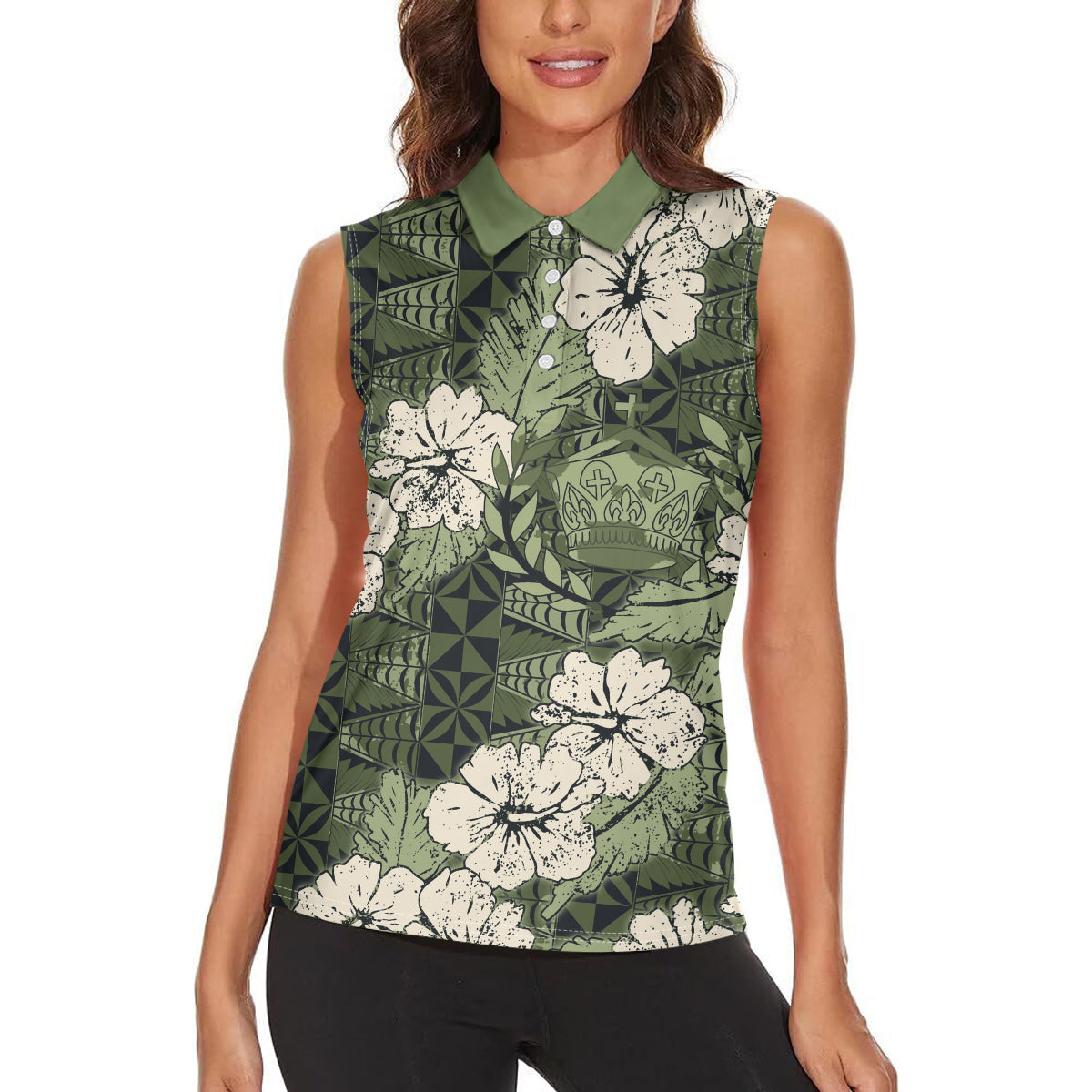 Tongan Kupesi Ngatu Hibiscus Vintage Motif Women Sleeveless Polo Shirt LT9 - Polynesian Pride