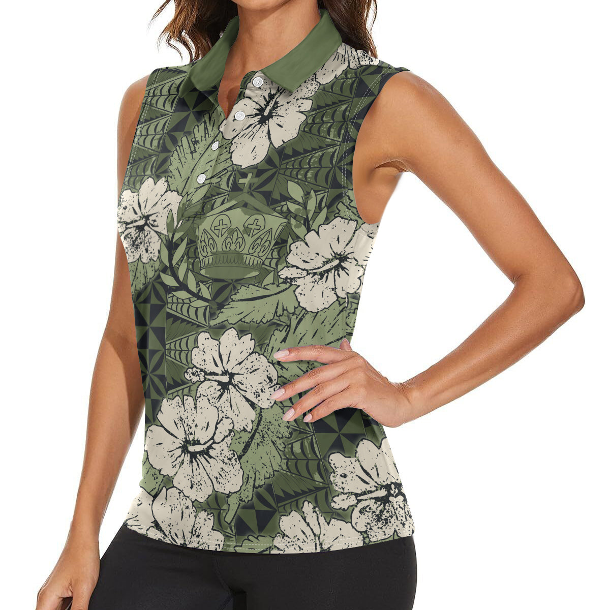 Tongan Kupesi Ngatu Hibiscus Vintage Motif Women Sleeveless Polo Shirt LT9 - Polynesian Pride
