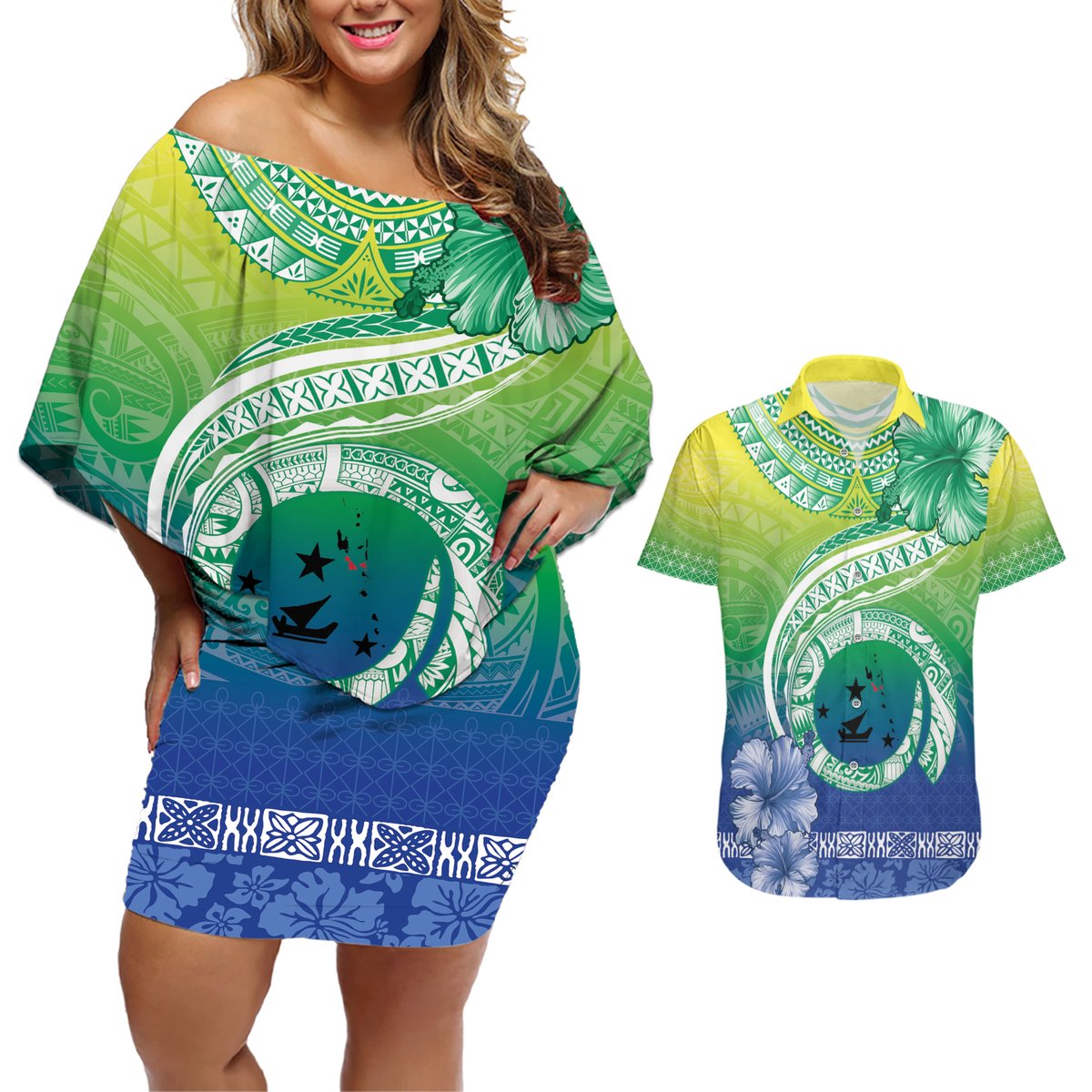 Malpampa Vanuatu Couples Matching Off Shoulder Short Dress and Hawaiian Shirt Hibiscus Sand Drawing with Pacific Pattern LT9 Green Art - Polynesian Pride