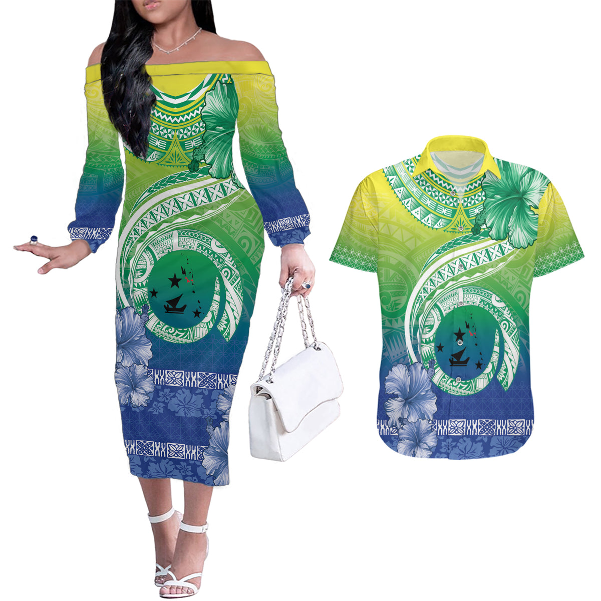 Malpampa Vanuatu Couples Matching Off The Shoulder Long Sleeve Dress and Hawaiian Shirt Hibiscus Sand Drawing with Pacific Pattern LT9 Green Art - Polynesian Pride