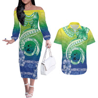 Malpampa Vanuatu Couples Matching Off The Shoulder Long Sleeve Dress and Hawaiian Shirt Hibiscus Sand Drawing with Pacific Pattern LT9 Green Art - Polynesian Pride