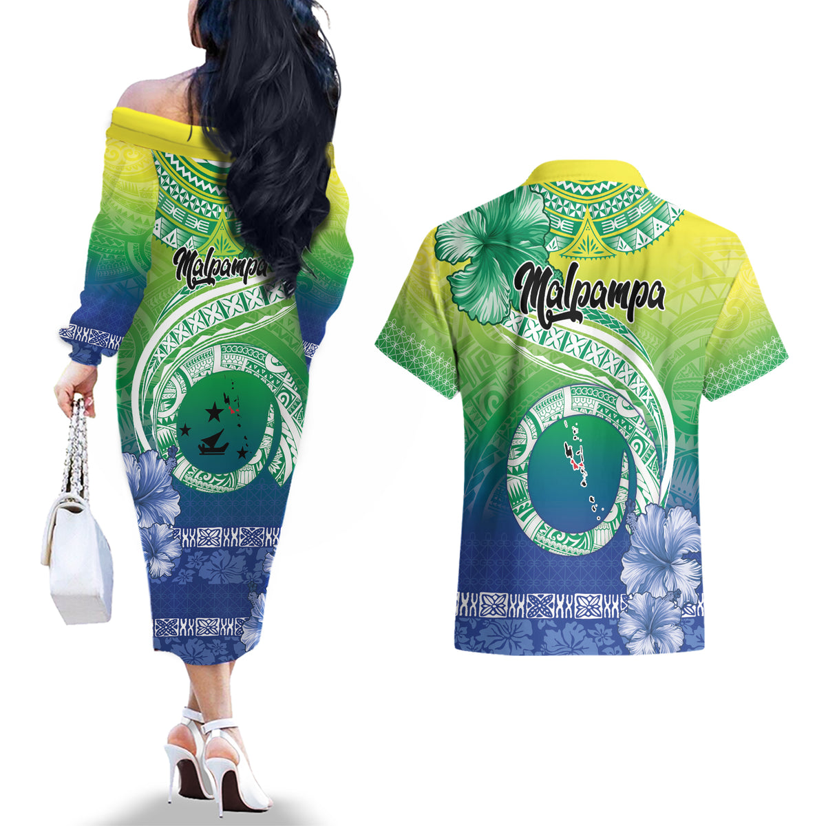 Malpampa Vanuatu Couples Matching Off The Shoulder Long Sleeve Dress and Hawaiian Shirt Hibiscus Sand Drawing with Pacific Pattern LT9 - Polynesian Pride