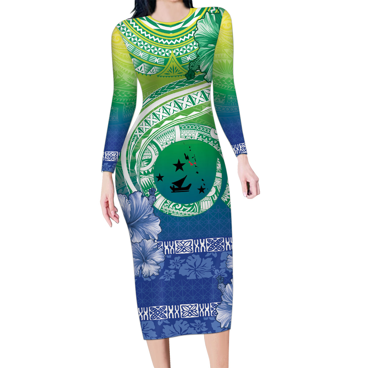 Malpampa Vanuatu Family Matching Long Sleeve Bodycon Dress and Hawaiian Shirt Hibiscus Sand Drawing with Pacific Pattern LT9 Mom's Dress Green Art - Polynesian Pride