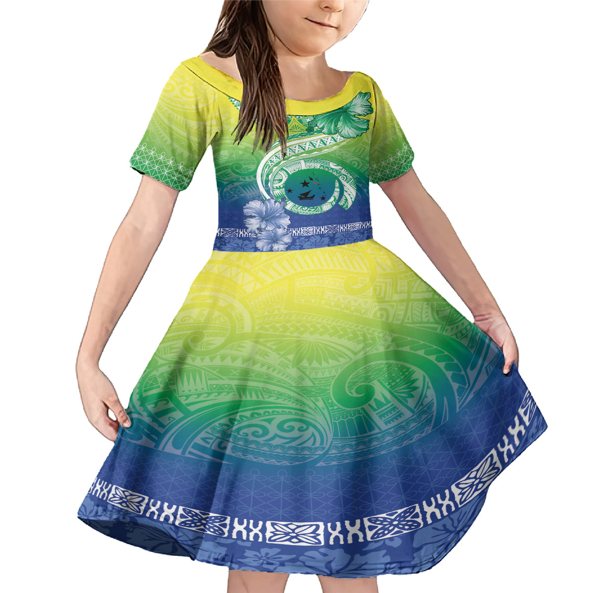 Malpampa Vanuatu Family Matching Mermaid Dress and Hawaiian Shirt Hibiscus Sand Drawing with Pacific Pattern LT9 Daughter's Dress Green Art - Polynesian Pride