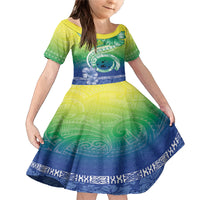Malpampa Vanuatu Family Matching Mermaid Dress and Hawaiian Shirt Hibiscus Sand Drawing with Pacific Pattern LT9 Daughter's Dress Green Art - Polynesian Pride