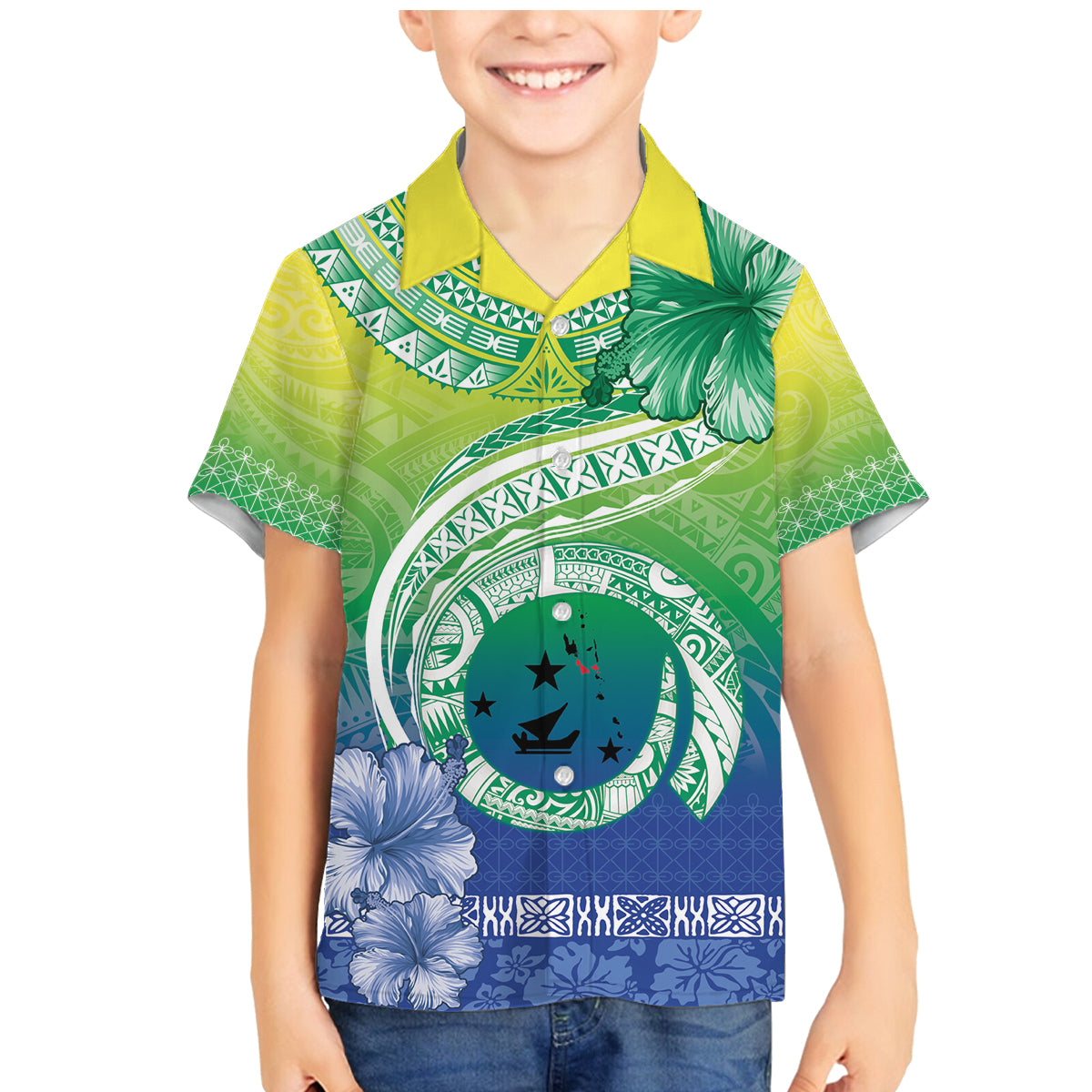 Malpampa Vanuatu Family Matching Mermaid Dress and Hawaiian Shirt Hibiscus Sand Drawing with Pacific Pattern LT9 Son's Shirt Green Art - Polynesian Pride
