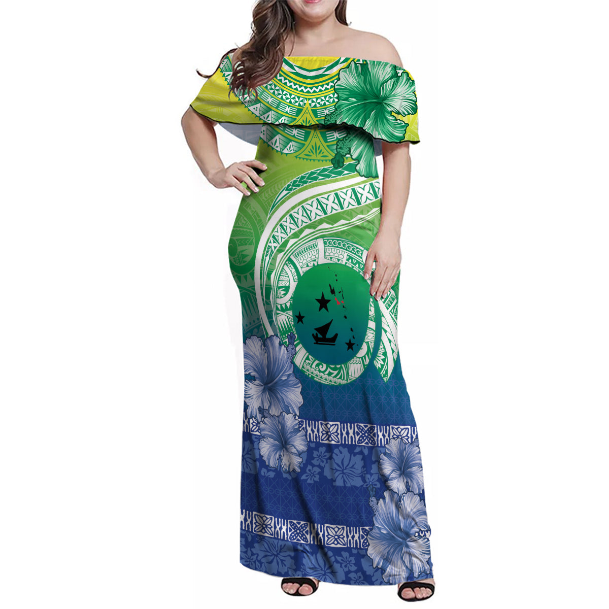 Malpampa Vanuatu Family Matching Off Shoulder Maxi Dress and Hawaiian Shirt Hibiscus Sand Drawing with Pacific Pattern LT9 Mom's Dress Green Art - Polynesian Pride
