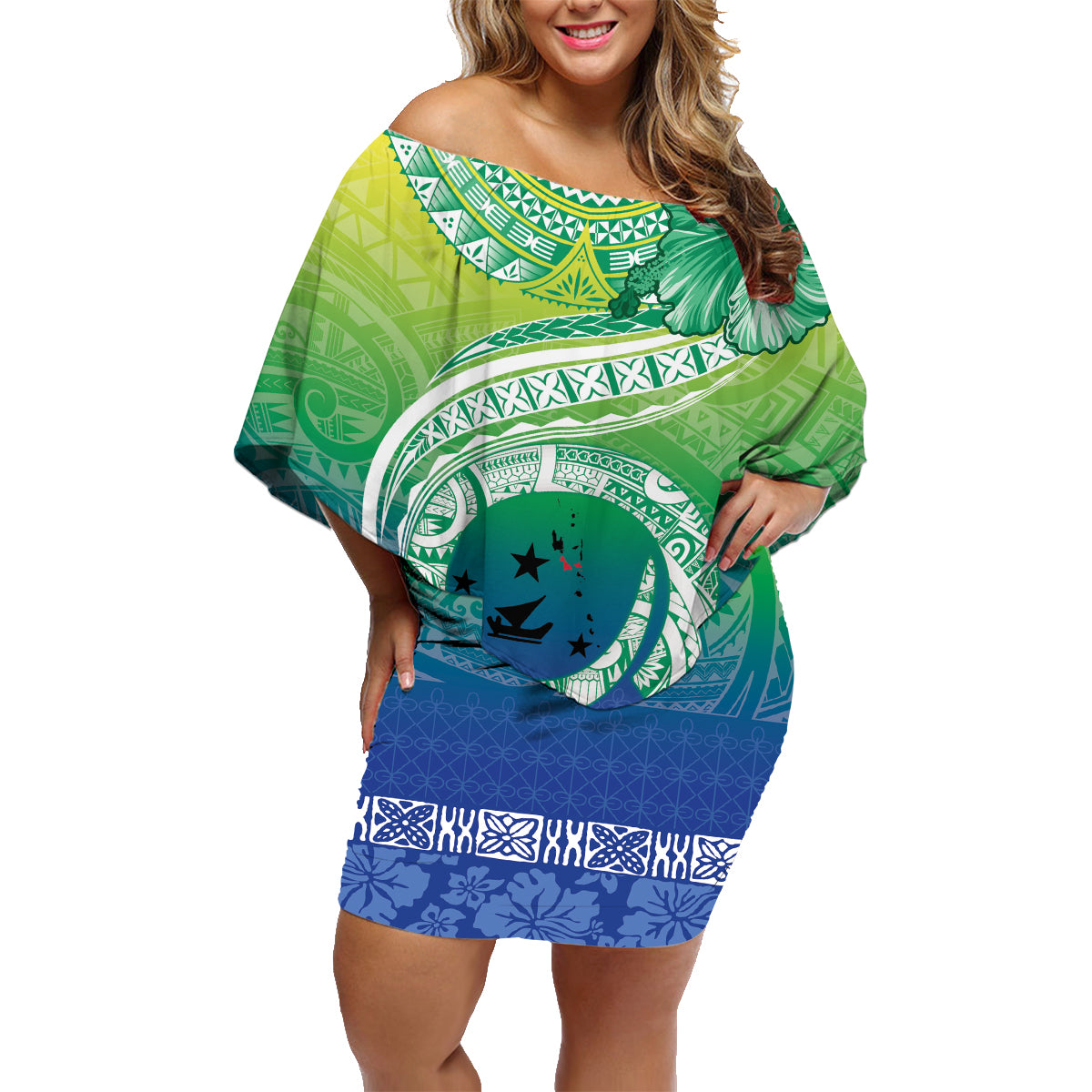 Malpampa Vanuatu Family Matching Off Shoulder Short Dress and Hawaiian Shirt Hibiscus Sand Drawing with Pacific Pattern LT9 Mom's Dress Green Art - Polynesian Pride