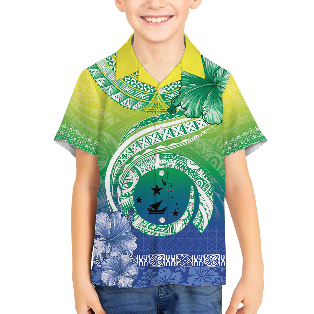 Malpampa Vanuatu Family Matching Summer Maxi Dress and Hawaiian Shirt Hibiscus Sand Drawing with Pacific Pattern LT9 Son's Shirt Green Art - Polynesian Pride