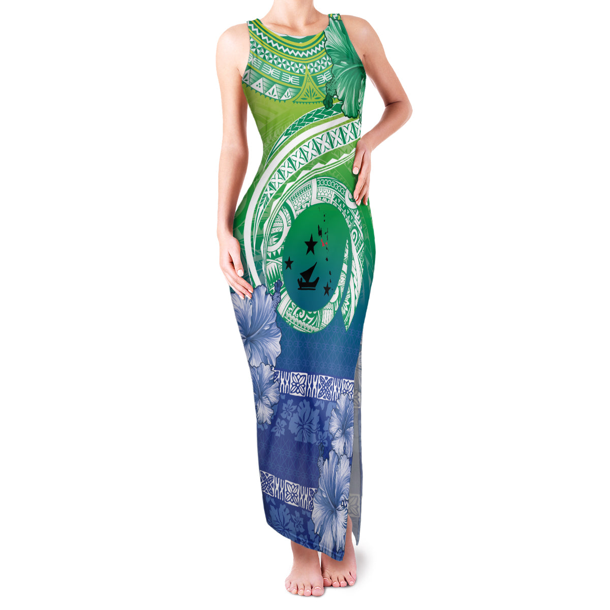 Malpampa Vanuatu Family Matching Tank Maxi Dress and Hawaiian Shirt Hibiscus Sand Drawing with Pacific Pattern LT9 Mom's Dress Green Art - Polynesian Pride