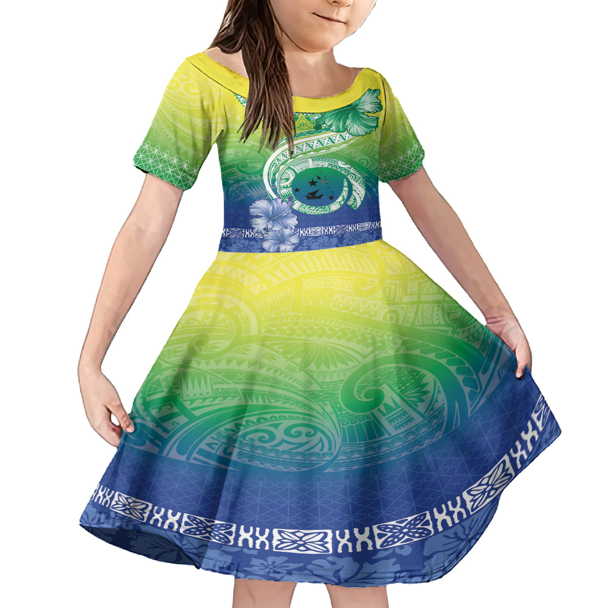 Malpampa Vanuatu Kid Short Sleeve Dress Hibiscus Sand Drawing with Pacific Pattern LT9 KID Green Art - Polynesian Pride