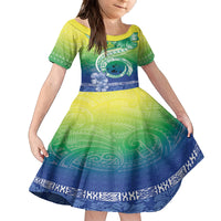Malpampa Vanuatu Kid Short Sleeve Dress Hibiscus Sand Drawing with Pacific Pattern LT9 KID Green Art - Polynesian Pride