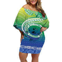 Malpampa Vanuatu Off Shoulder Short Dress Hibiscus Sand Drawing with Pacific Pattern LT9 Women Green Art - Polynesian Pride