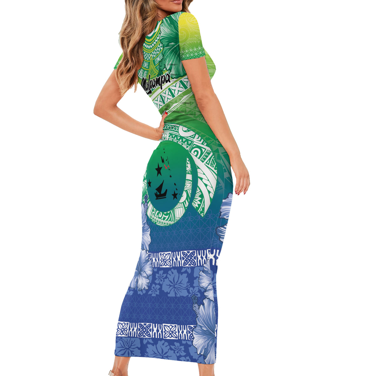 Malpampa Vanuatu Short Sleeve Bodycon Dress Hibiscus Sand Drawing with Pacific Pattern