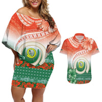 Penama Vanuatu Couples Matching Off Shoulder Short Dress and Hawaiian Shirt Hibiscus Sand Drawing with Pacific Pattern LT9 Red Art - Polynesian Pride
