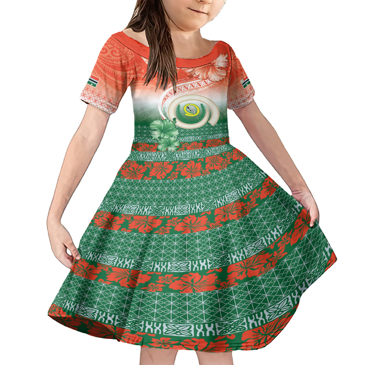 Penama Vanuatu Kid Short Sleeve Dress Hibiscus Sand Drawing with Pacific Pattern LT9 KID Red Art - Polynesian Pride