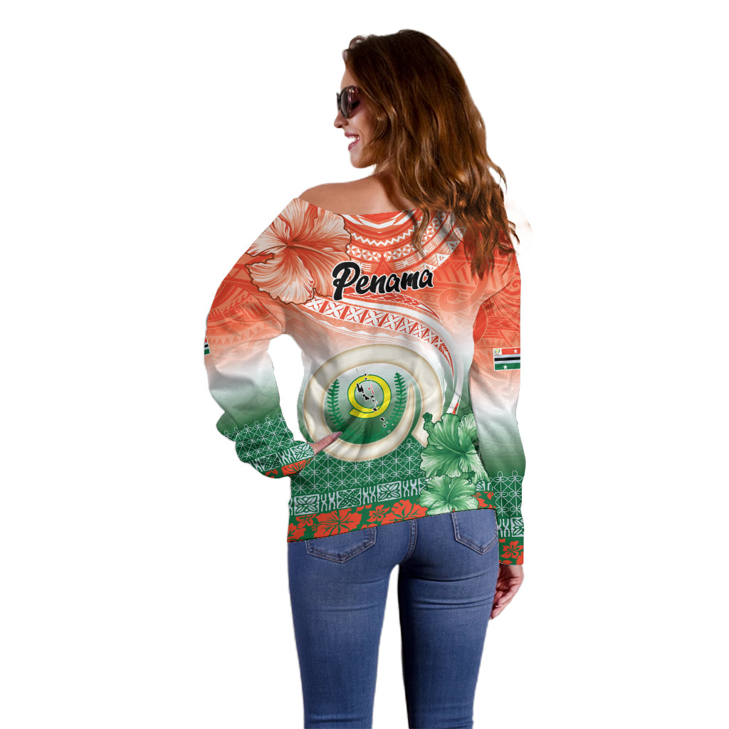 Penama Vanuatu Off Shoulder Sweater Hibiscus Sand Drawing with Pacific Pattern