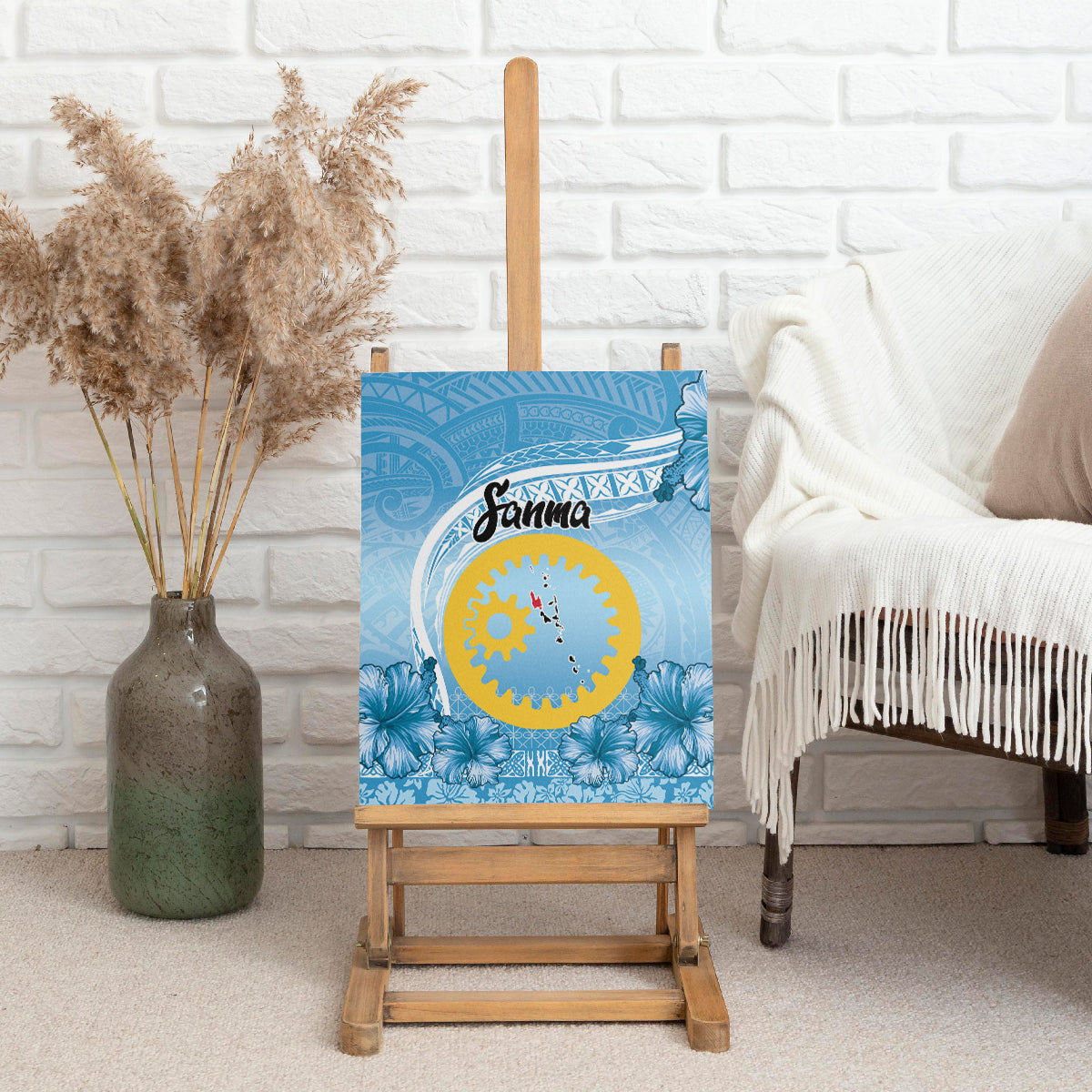 Sanma Vanuatu Canvas Wall Art Hibiscus Sand Drawing with Pacific Pattern