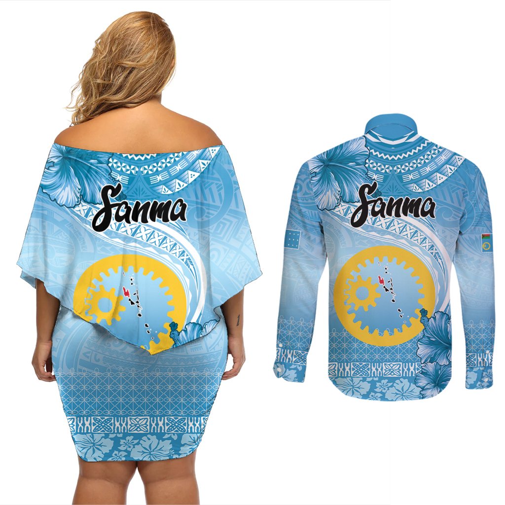 Sanma Vanuatu Couples Matching Off Shoulder Short Dress and Long Sleeve Button Shirt Hibiscus Sand Drawing with Pacific Pattern