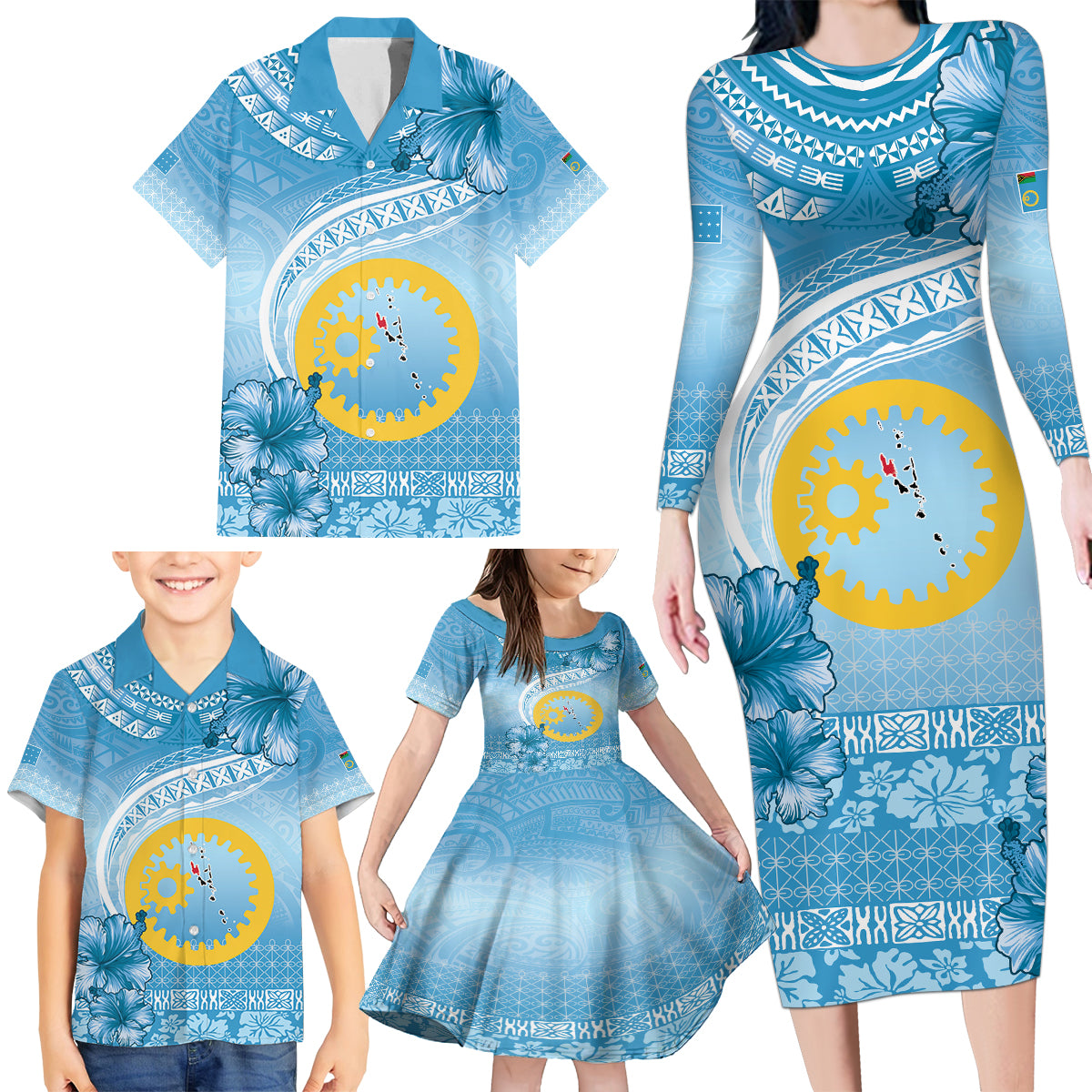 Sanma Vanuatu Family Matching Long Sleeve Bodycon Dress and Hawaiian Shirt Hibiscus Sand Drawing with Pacific Pattern LT9 - Polynesian Pride