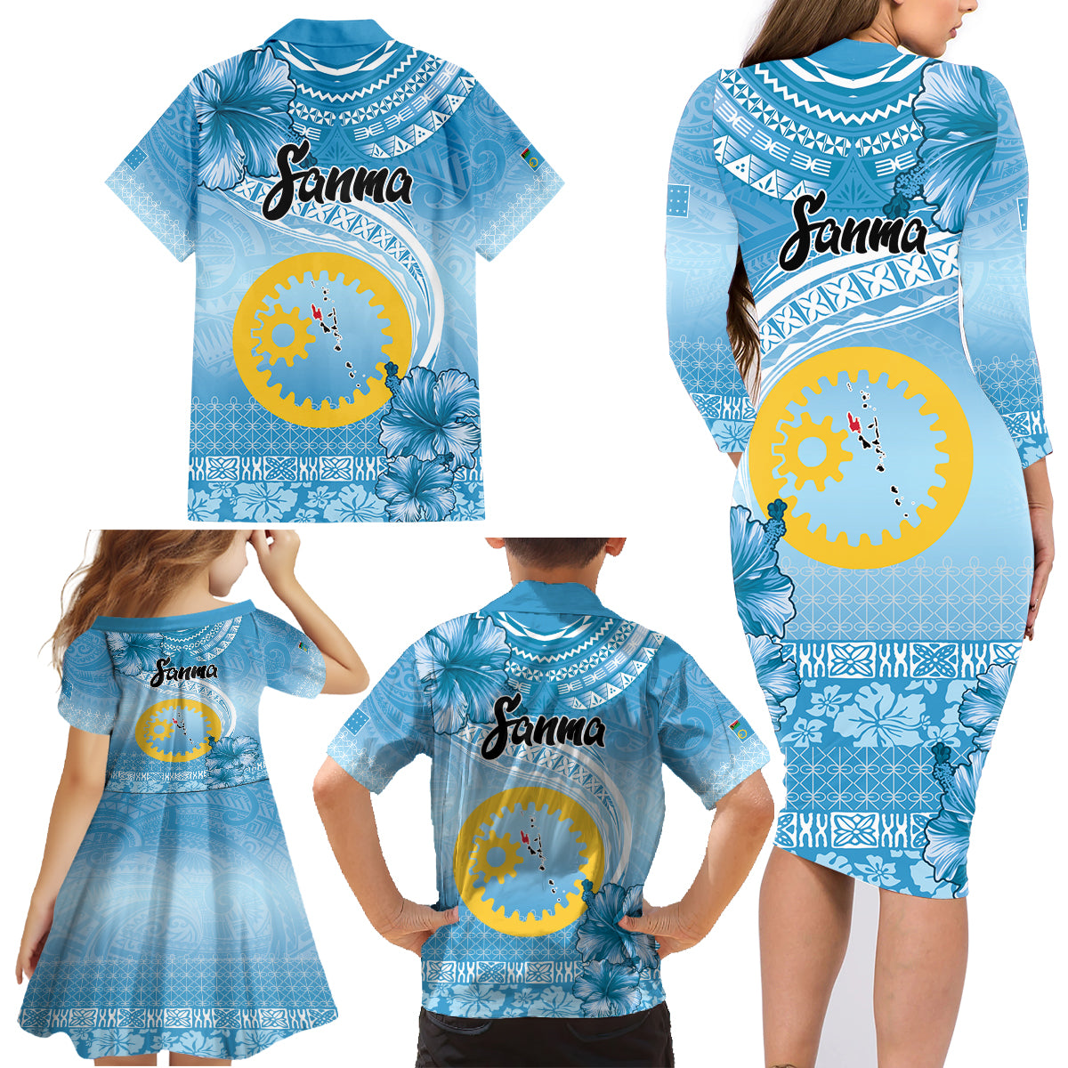 Sanma Vanuatu Family Matching Long Sleeve Bodycon Dress and Hawaiian Shirt Hibiscus Sand Drawing with Pacific Pattern LT9 - Polynesian Pride