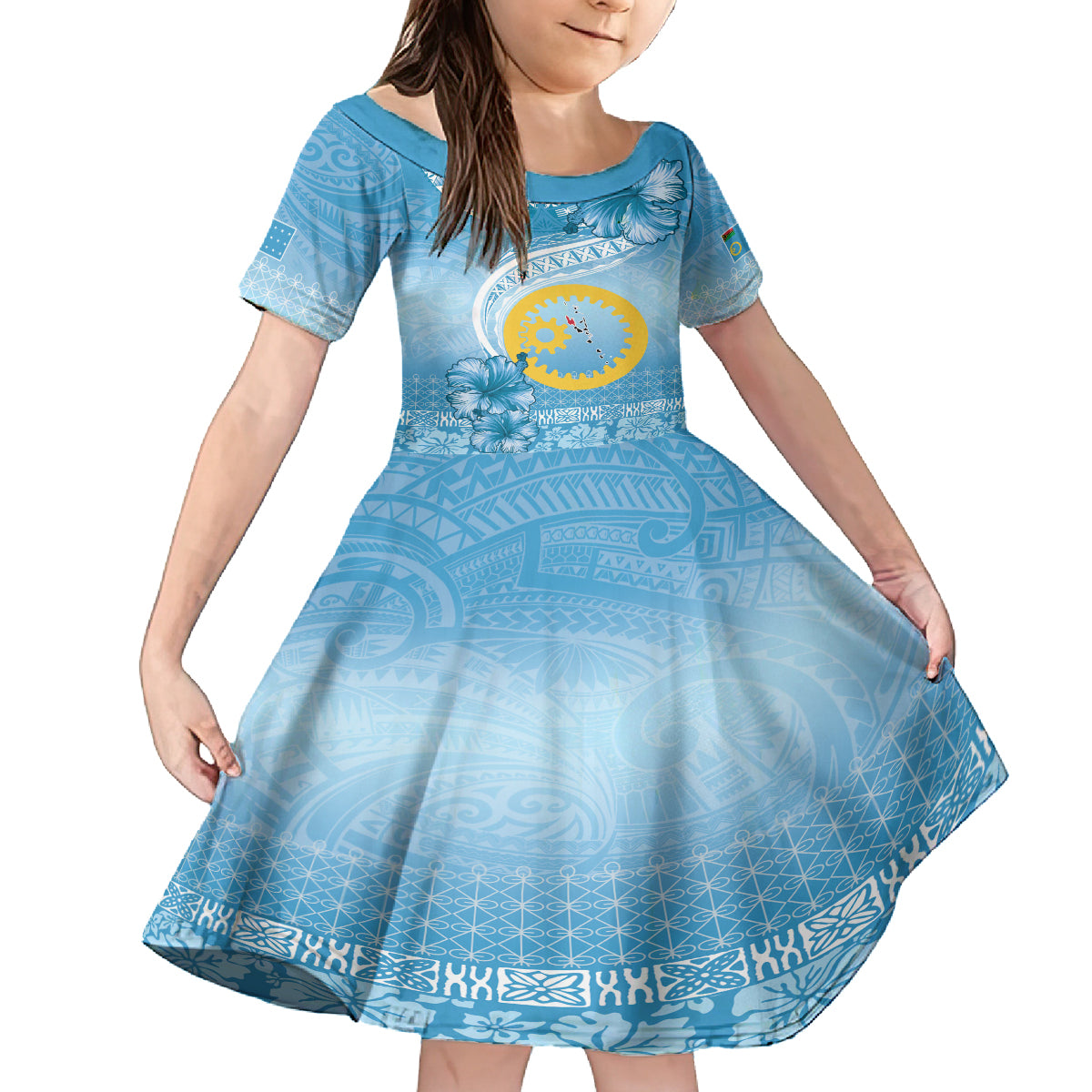 Sanma Vanuatu Family Matching Off The Shoulder Long Sleeve Dress and Hawaiian Shirt Hibiscus Sand Drawing with Pacific Pattern LT9 Daughter's Dress Blue Art - Polynesian Pride