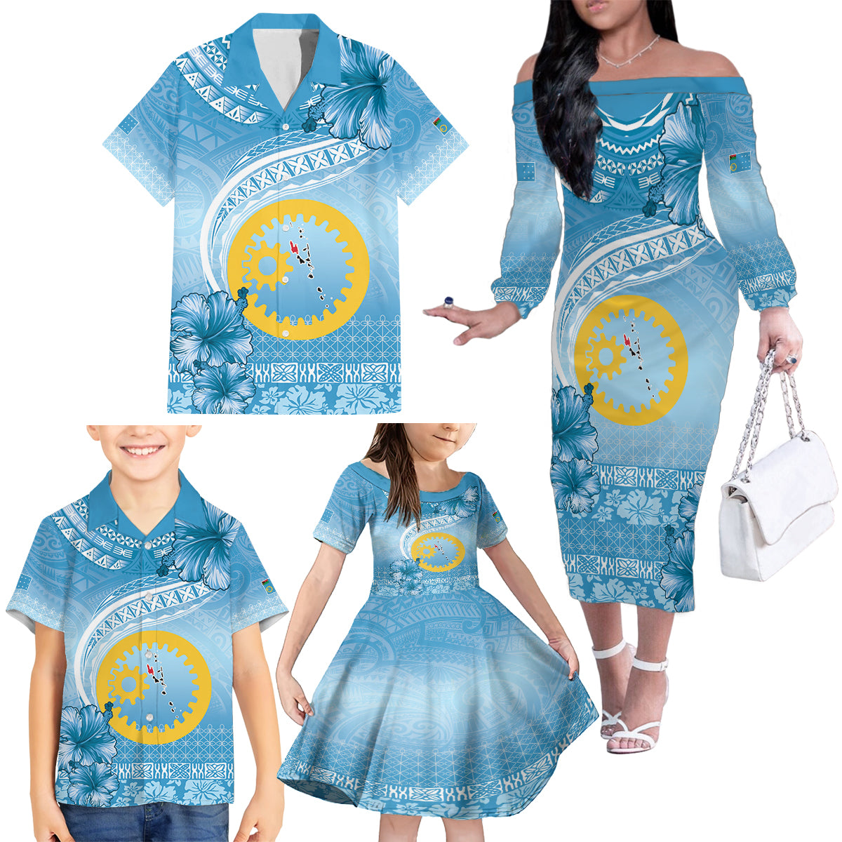 Sanma Vanuatu Family Matching Off The Shoulder Long Sleeve Dress and Hawaiian Shirt Hibiscus Sand Drawing with Pacific Pattern LT9 - Polynesian Pride