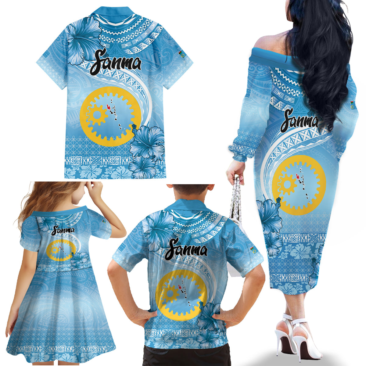 Sanma Vanuatu Family Matching Off The Shoulder Long Sleeve Dress and Hawaiian Shirt Hibiscus Sand Drawing with Pacific Pattern LT9 - Polynesian Pride