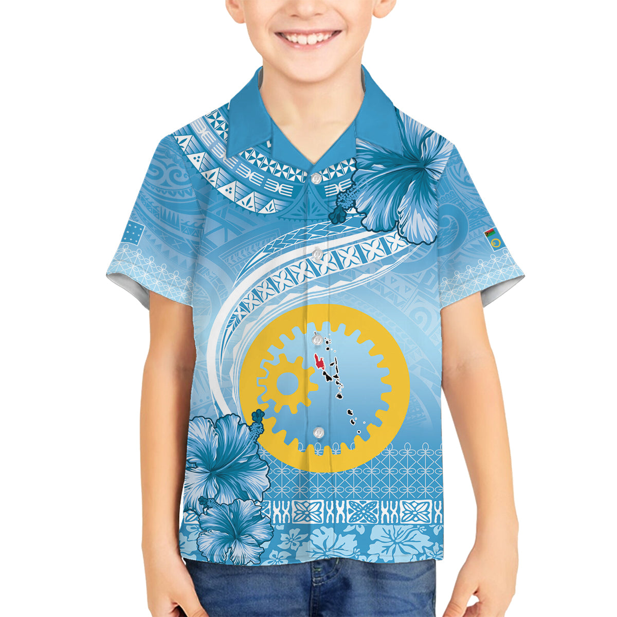 Sanma Vanuatu Family Matching Off The Shoulder Long Sleeve Dress and Hawaiian Shirt Hibiscus Sand Drawing with Pacific Pattern LT9 Son's Shirt Blue Art - Polynesian Pride