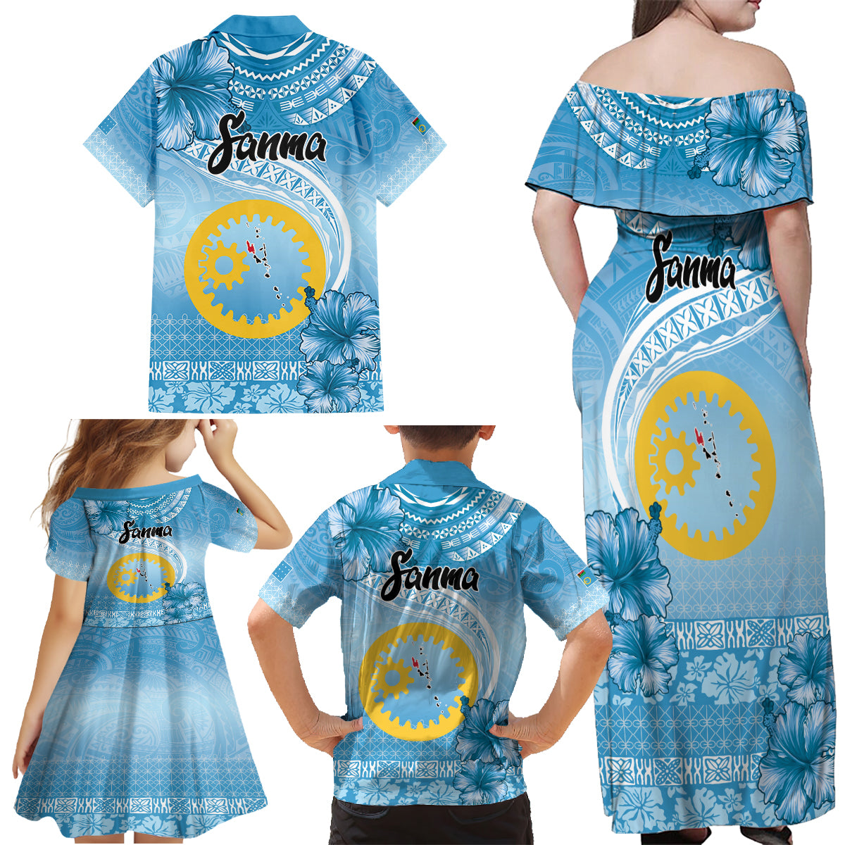 Sanma Vanuatu Family Matching Off Shoulder Maxi Dress and Hawaiian Shirt Hibiscus Sand Drawing with Pacific Pattern LT9 - Polynesian Pride