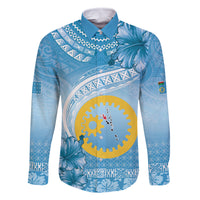 Sanma Vanuatu Family Matching Off Shoulder Maxi Dress and Hawaiian Shirt Hibiscus Sand Drawing with Pacific Pattern LT9 Dad's Shirt - Long Sleeve Blue Art - Polynesian Pride