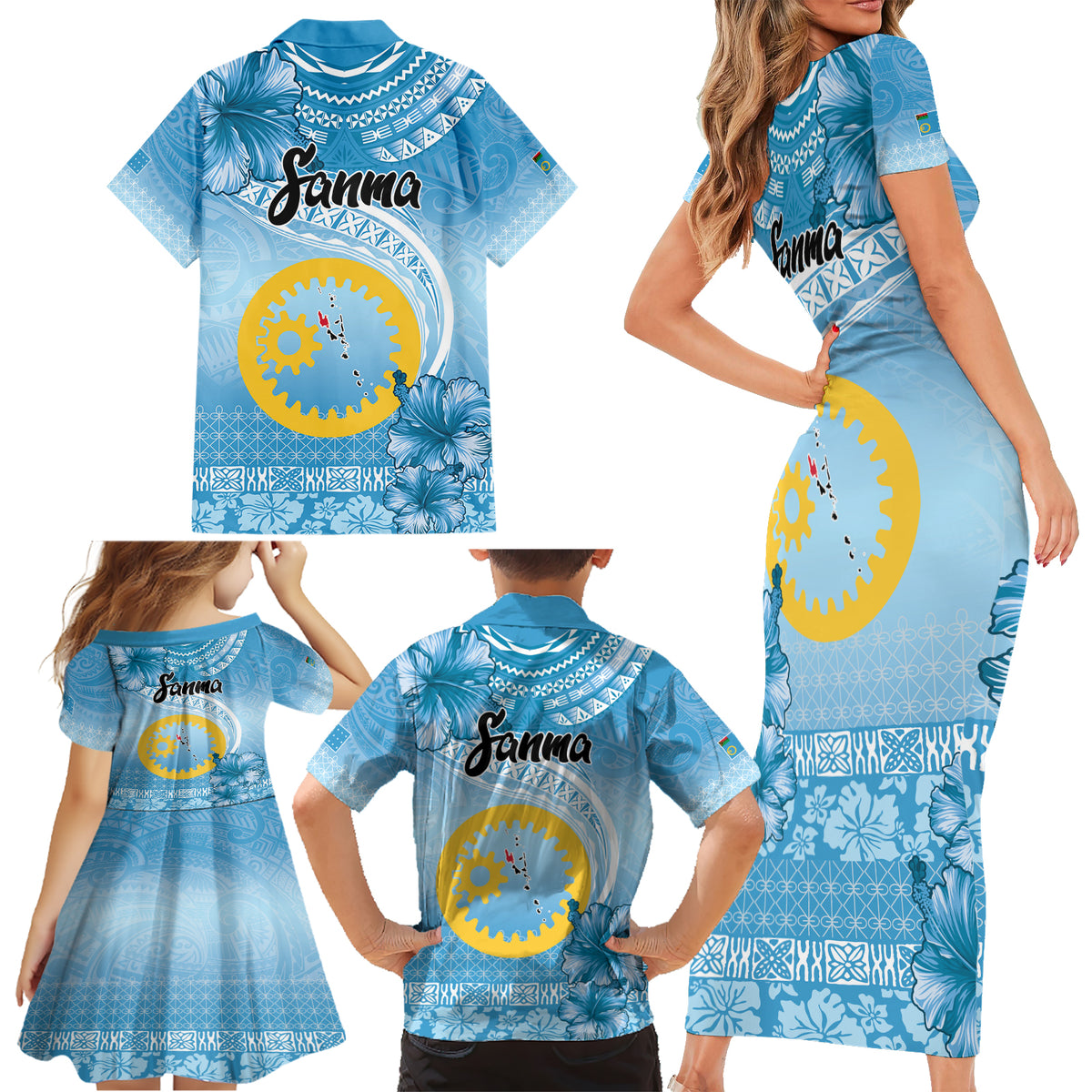 Sanma Vanuatu Family Matching Short Sleeve Bodycon Dress and Hawaiian Shirt Hibiscus Sand Drawing with Pacific Pattern LT9 - Polynesian Pride