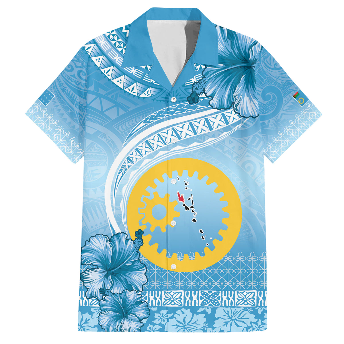 Sanma Vanuatu Family Matching Short Sleeve Bodycon Dress and Hawaiian Shirt Hibiscus Sand Drawing with Pacific Pattern LT9 Dad's Shirt - Short Sleeve Blue Art - Polynesian Pride