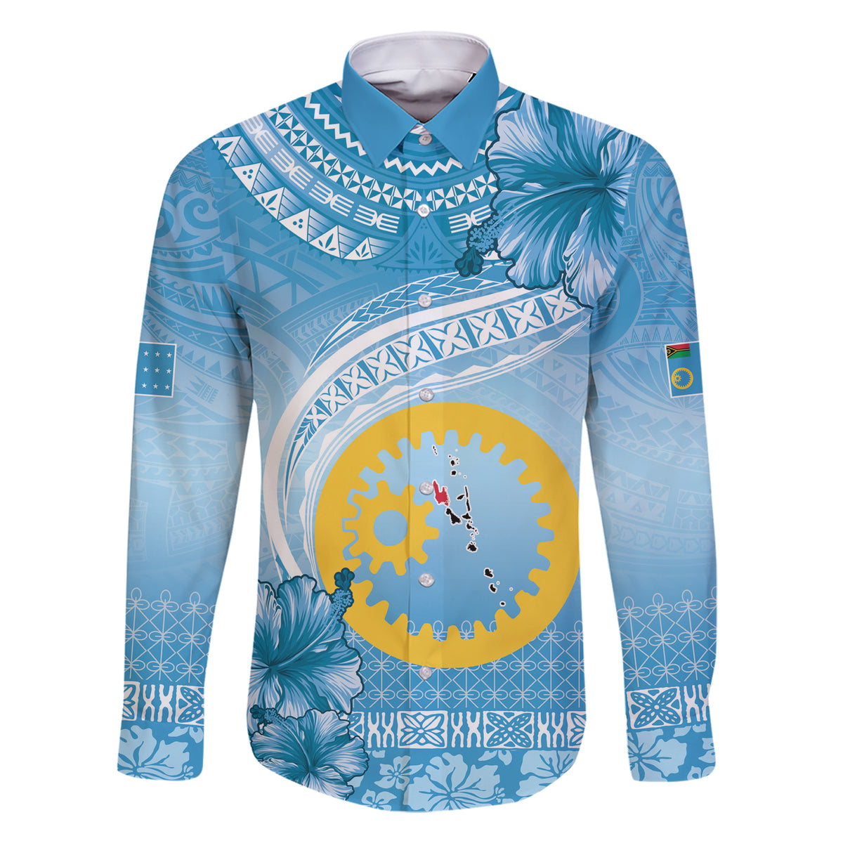Sanma Vanuatu Family Matching Short Sleeve Bodycon Dress and Hawaiian Shirt Hibiscus Sand Drawing with Pacific Pattern LT9 Dad's Shirt - Long Sleeve Blue Art - Polynesian Pride