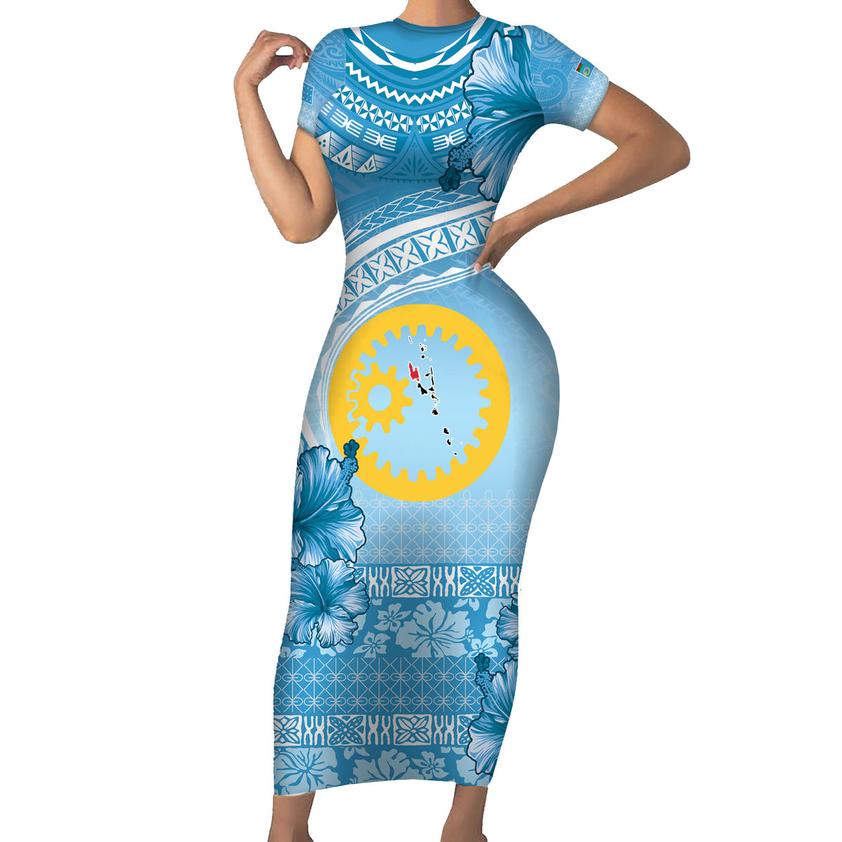 Sanma Vanuatu Family Matching Short Sleeve Bodycon Dress and Hawaiian Shirt Hibiscus Sand Drawing with Pacific Pattern LT9 Mom's Dress Blue Art - Polynesian Pride