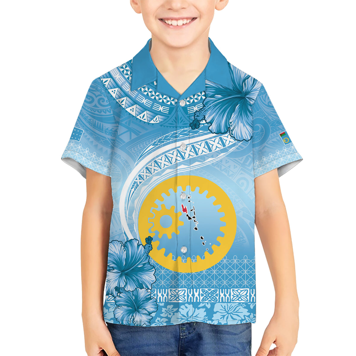 Sanma Vanuatu Family Matching Short Sleeve Bodycon Dress and Hawaiian Shirt Hibiscus Sand Drawing with Pacific Pattern LT9 Son's Shirt Blue Art - Polynesian Pride